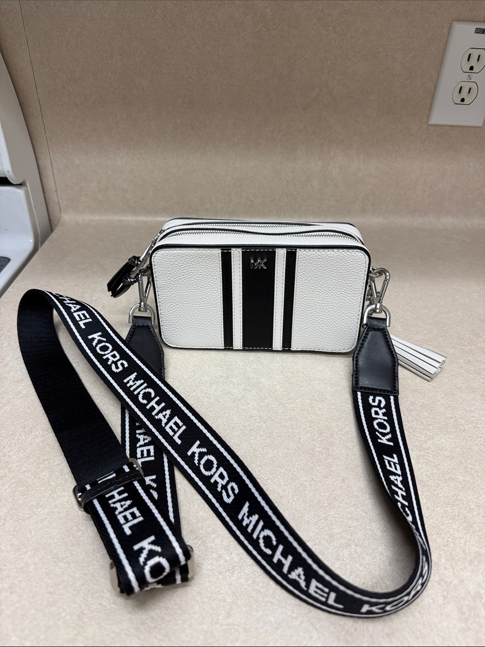 Michael Kors White and Black Stripe Leather Belt Bag